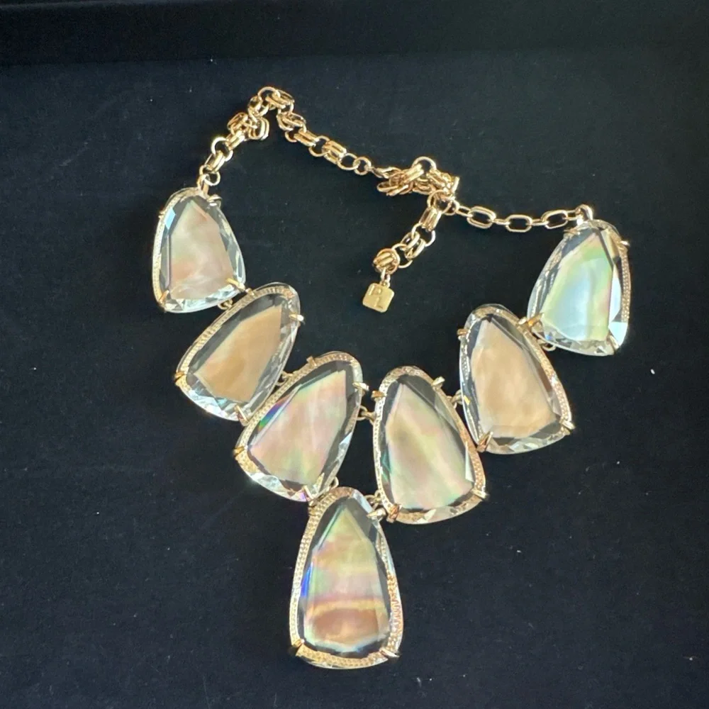 Elegant Gold and Beige Mother Pearl Iridescent Bib Necklace and Earring Set - Picture 4 of 8
